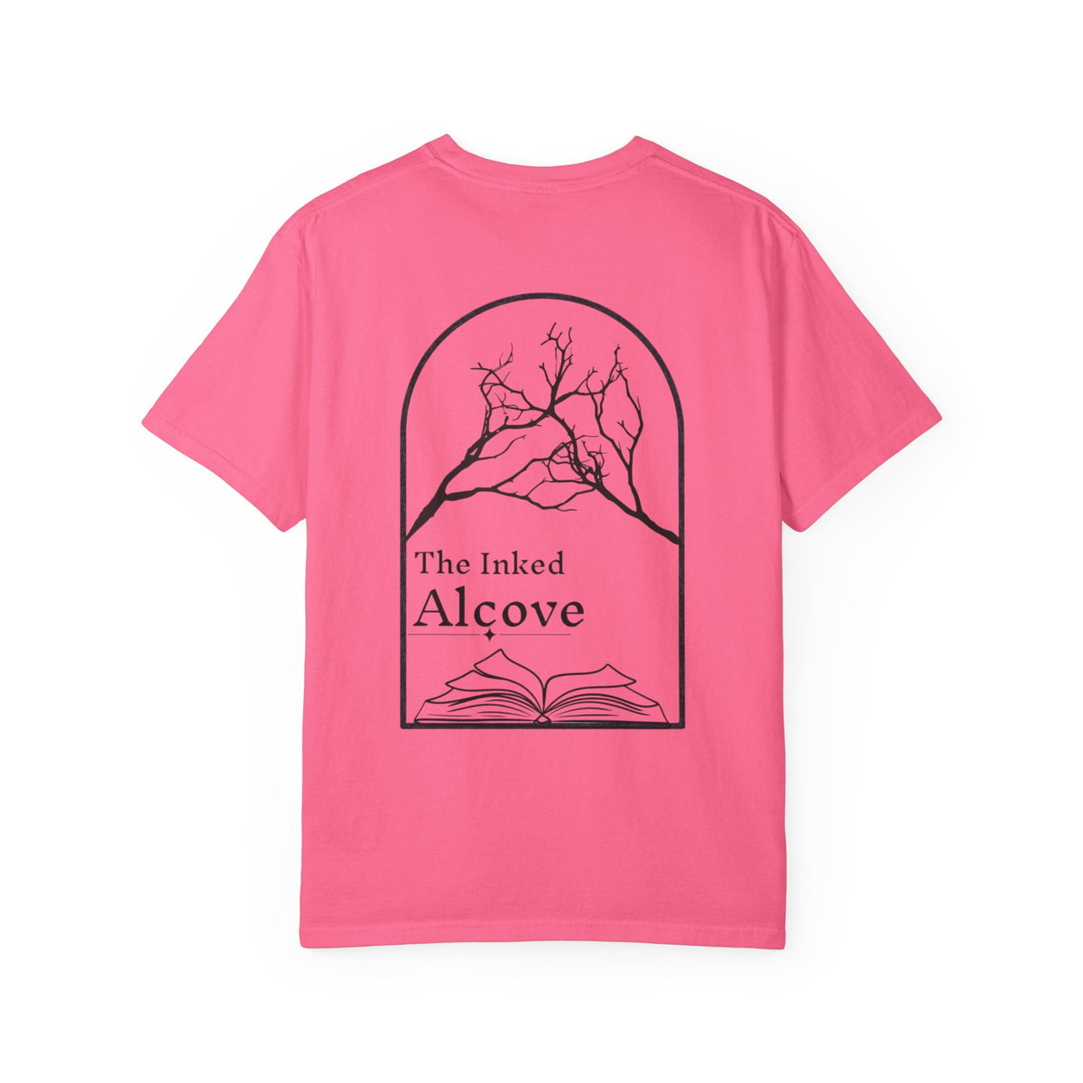 The Inked Alcove logo T-shirt | gothic script, arched book and branches design
