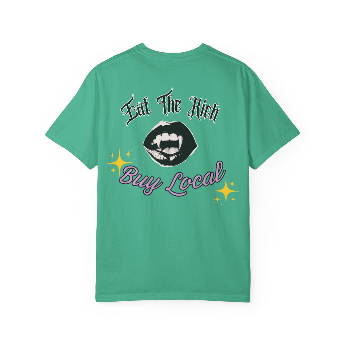 Eat The Rich Buy Local T-shirt | Graphic Vampire Lips, Retro Script