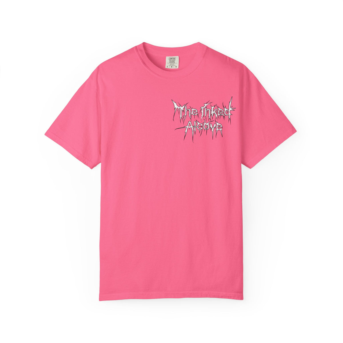 The Inked Alcove logo T-shirt | gothic script, arched book and branches design